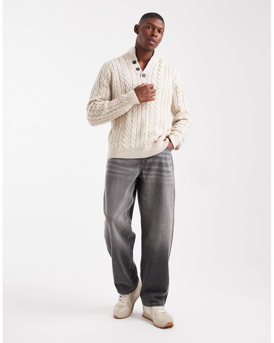 Threadbare Natural Mock Neck Knitted Jumper for men
