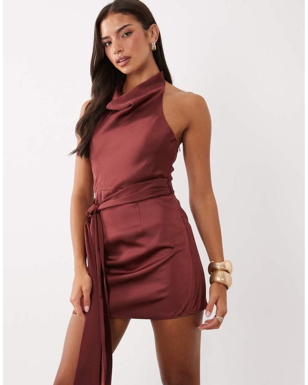Kaiia White Exclusive Satin Cowl High Neck Halterneck Tie Waist Drape Fringe Detail Mini Dress