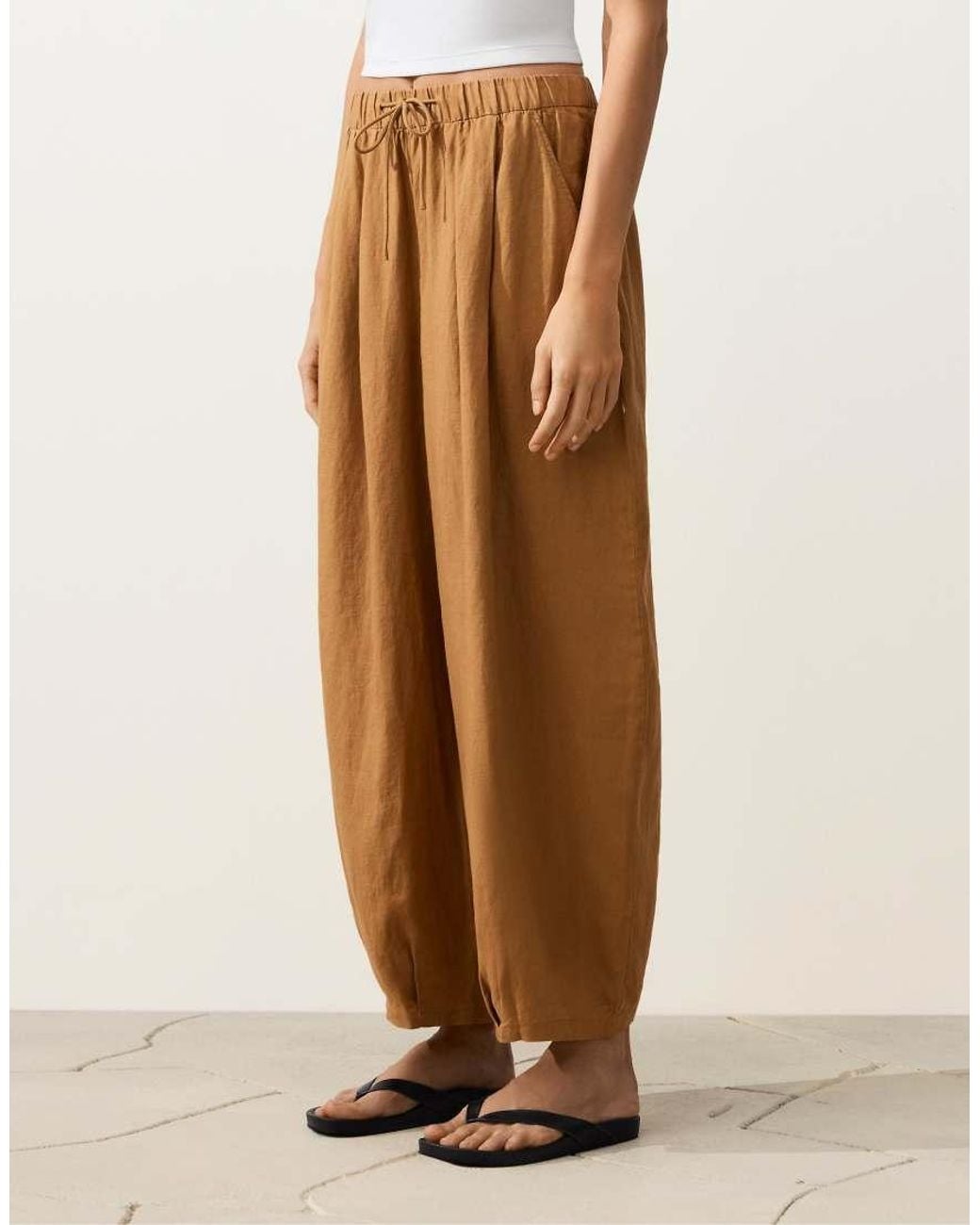 Oysho Natural 100% Linen Pleated Balloon Trousers
