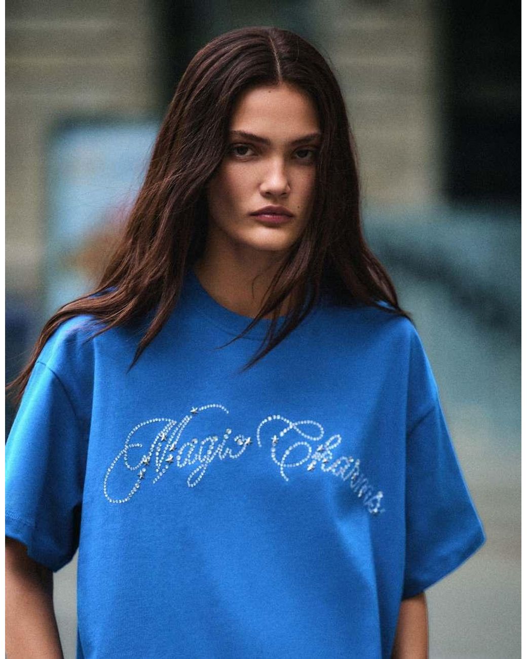 Bershka Blue Oversized Short Sleeve T-shirt With Rhinestones Text