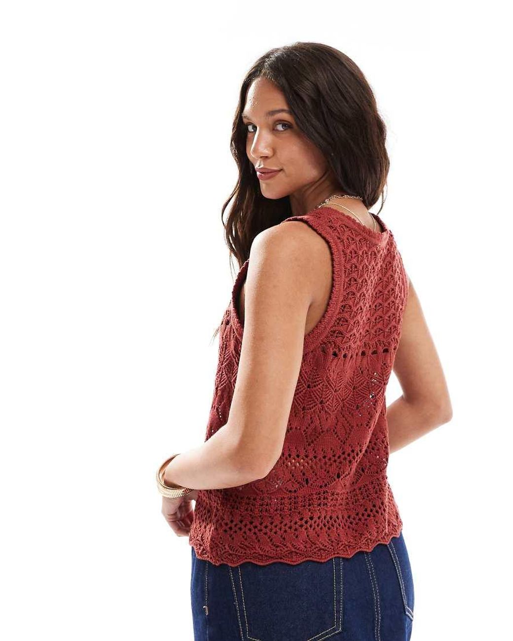 Brave Soul Red Open Knit Crochet Waistcoat With Pocket Detail