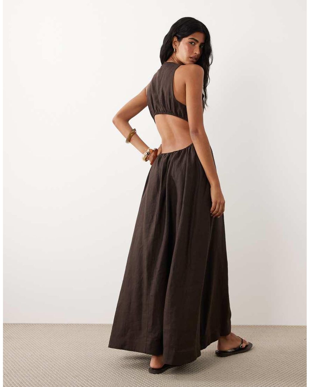 ASOS White Premium 100% Linen Waisted Maxi Dress With Open Back