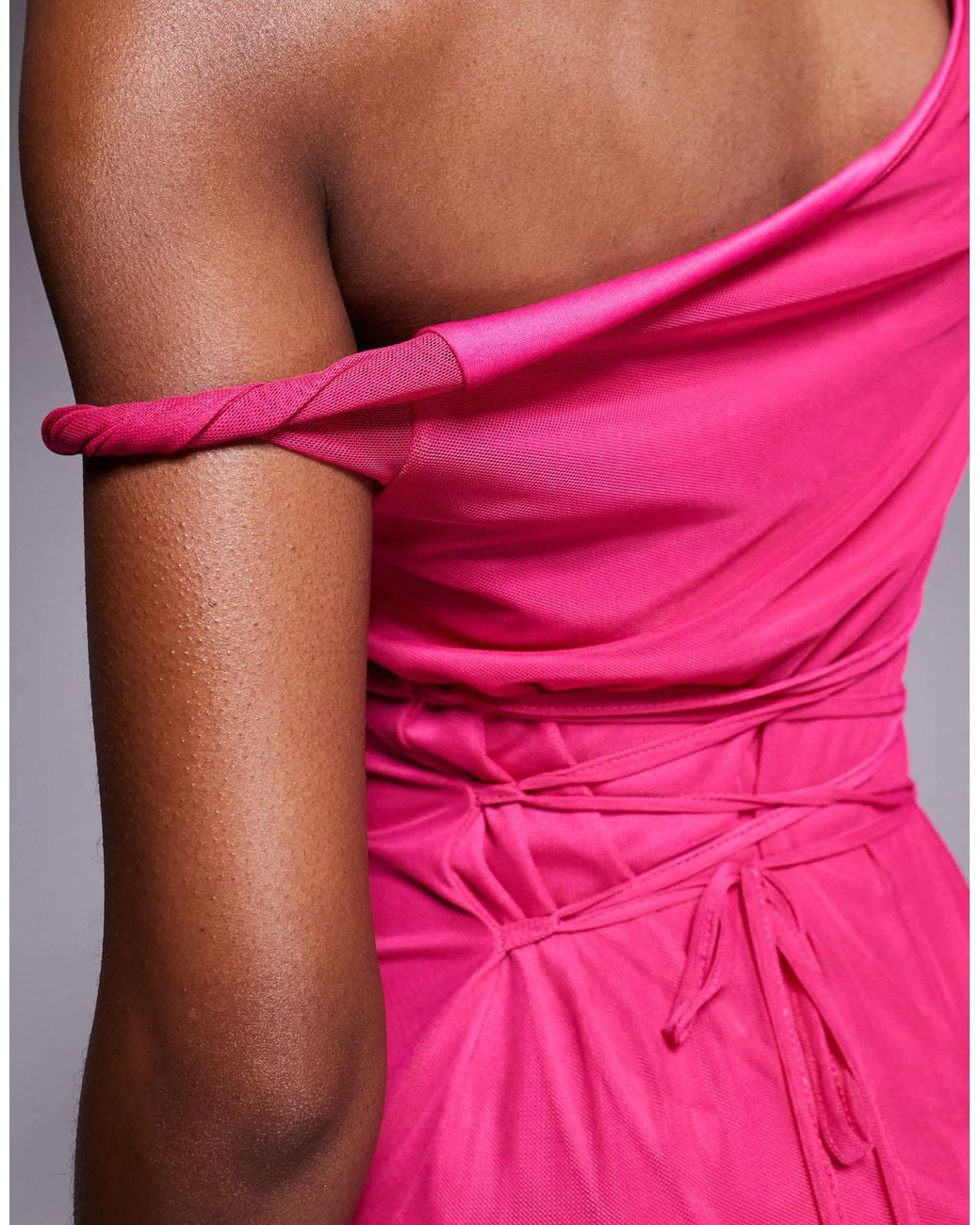 ASOS Pink Twist Shoulder With Lace Up Back Mesh Maxi Dress