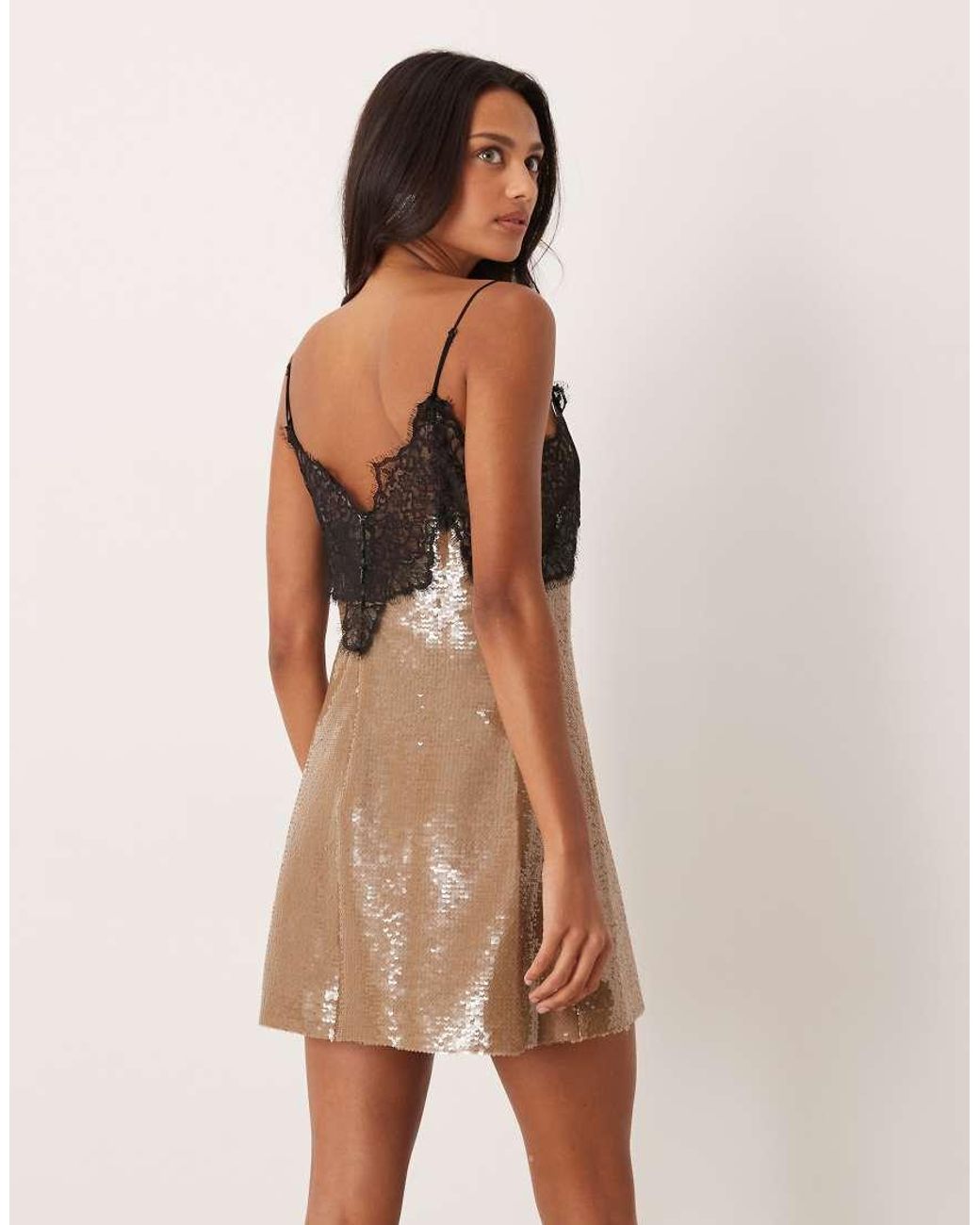 For Love & Lemons Natural Sequin A-line Cami Mini Dress With Lace Neckline