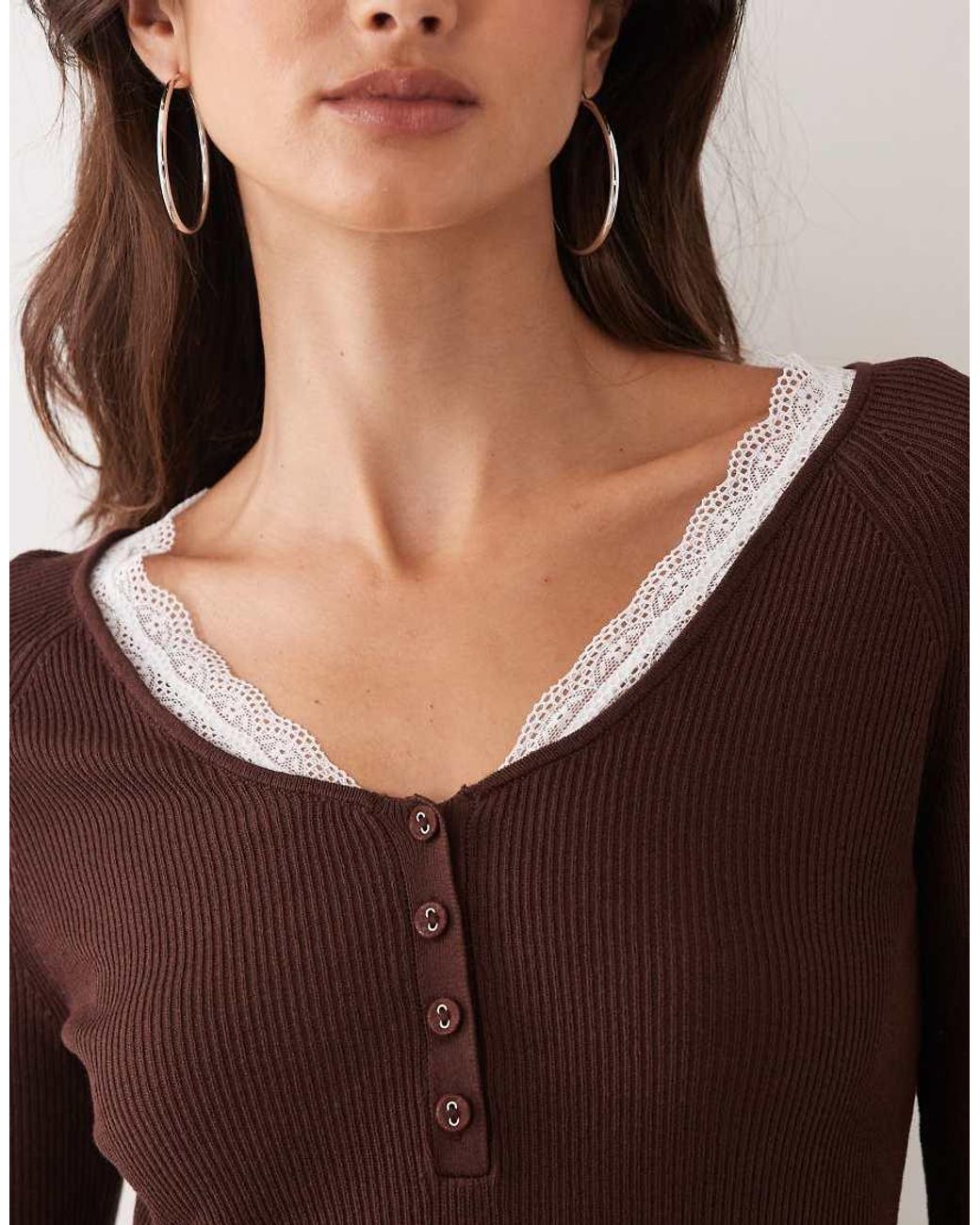 Miss Selfridge Brown Rib Knit Lace Button Up Long Sleeve Top
