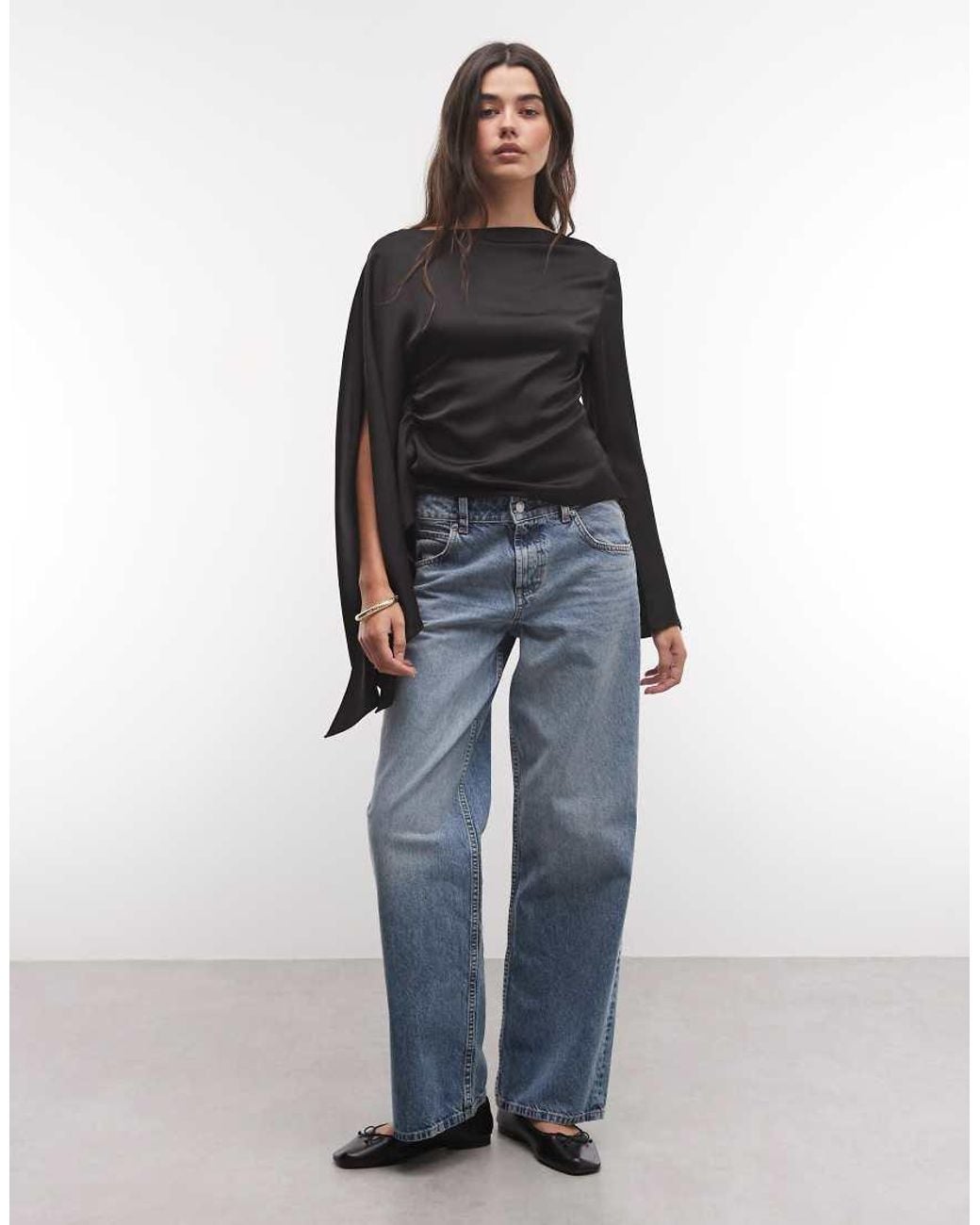 Monki Black Drape Satin Cape Long Sleeve Top