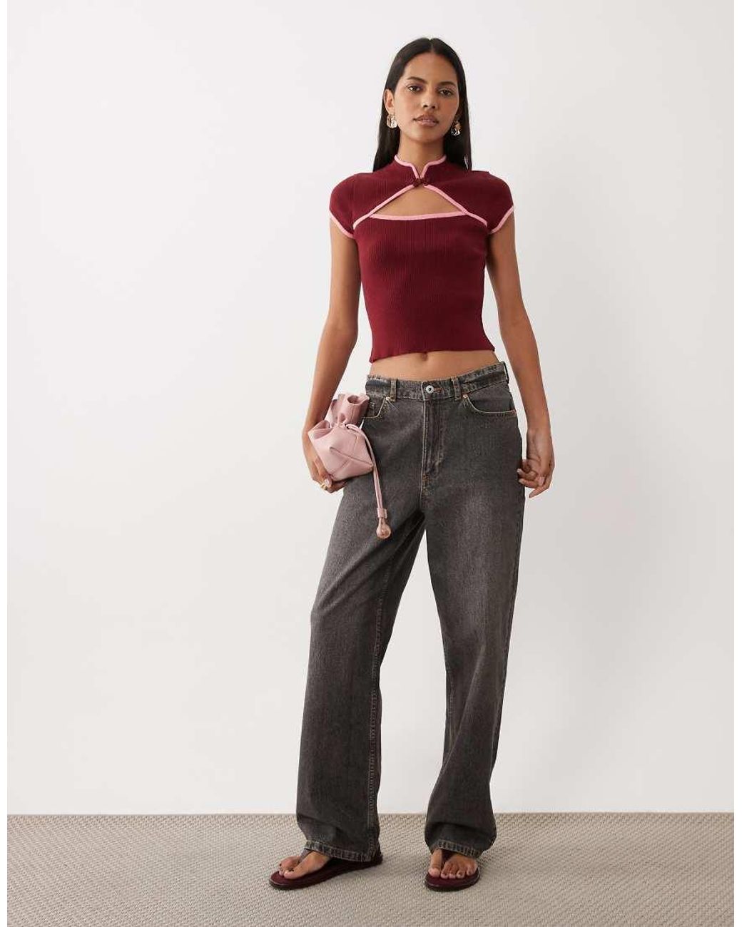 ASOS Red Mandarin Style Top With Contrast Tipping