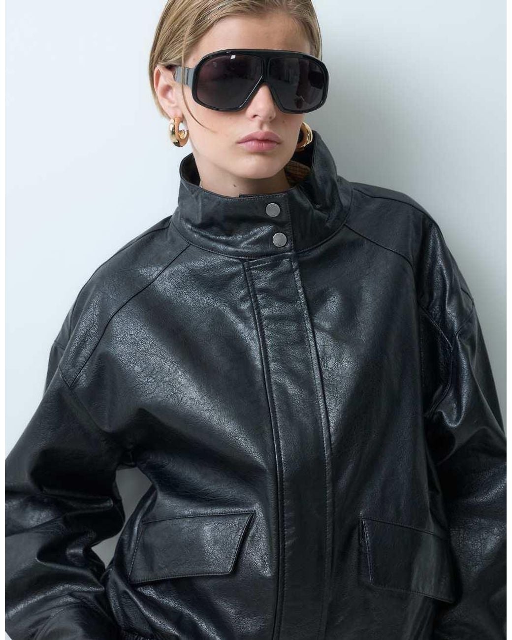 ONLY Gray Faux Leather Oversized Bomber Jacket