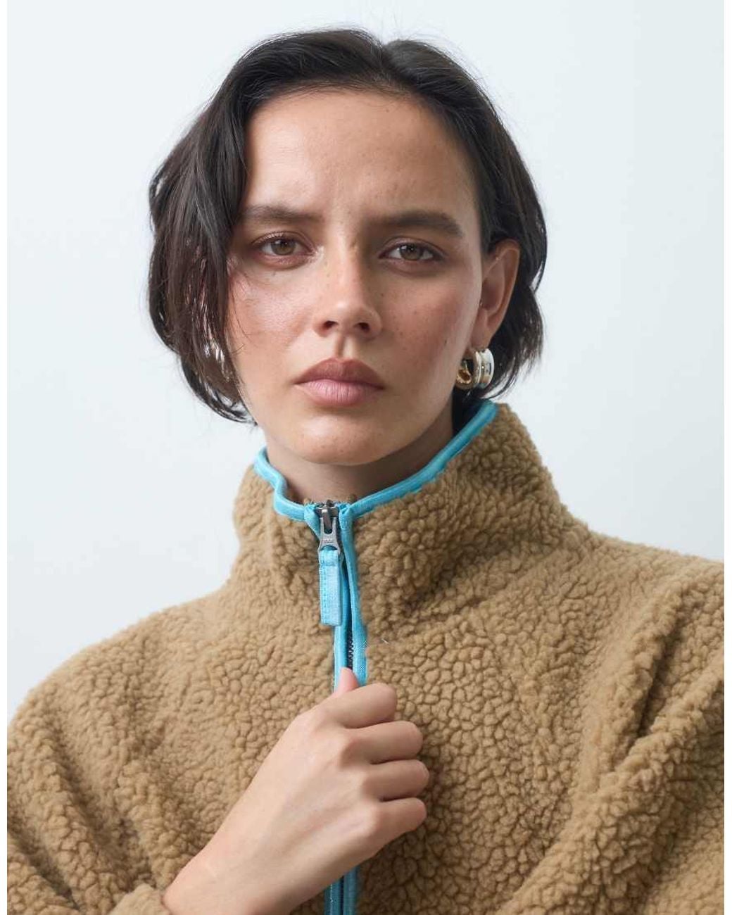 ASOS Natural Borg Half Zip With Contrast Binding