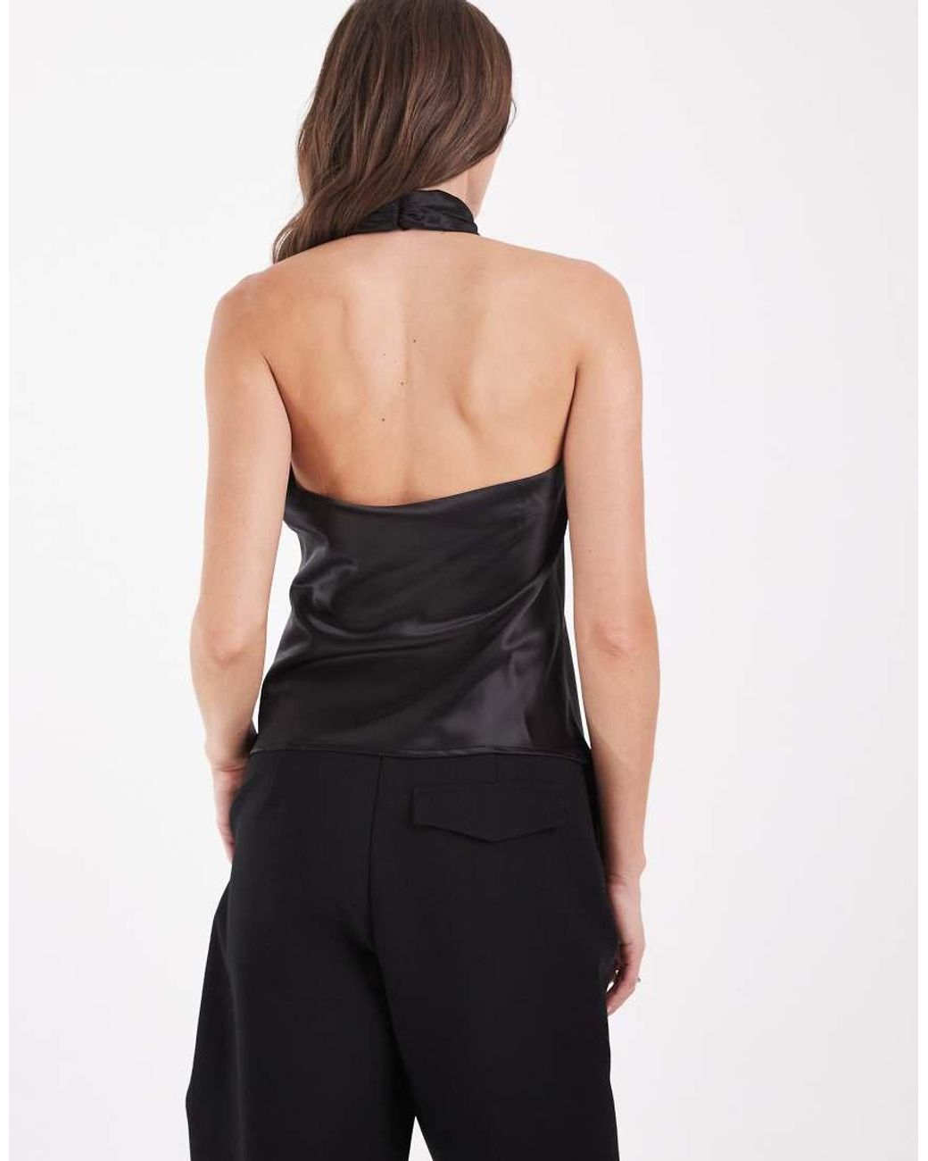 Pieces Black Halter Neck Asymmetric Hem Satin Top Co-ord