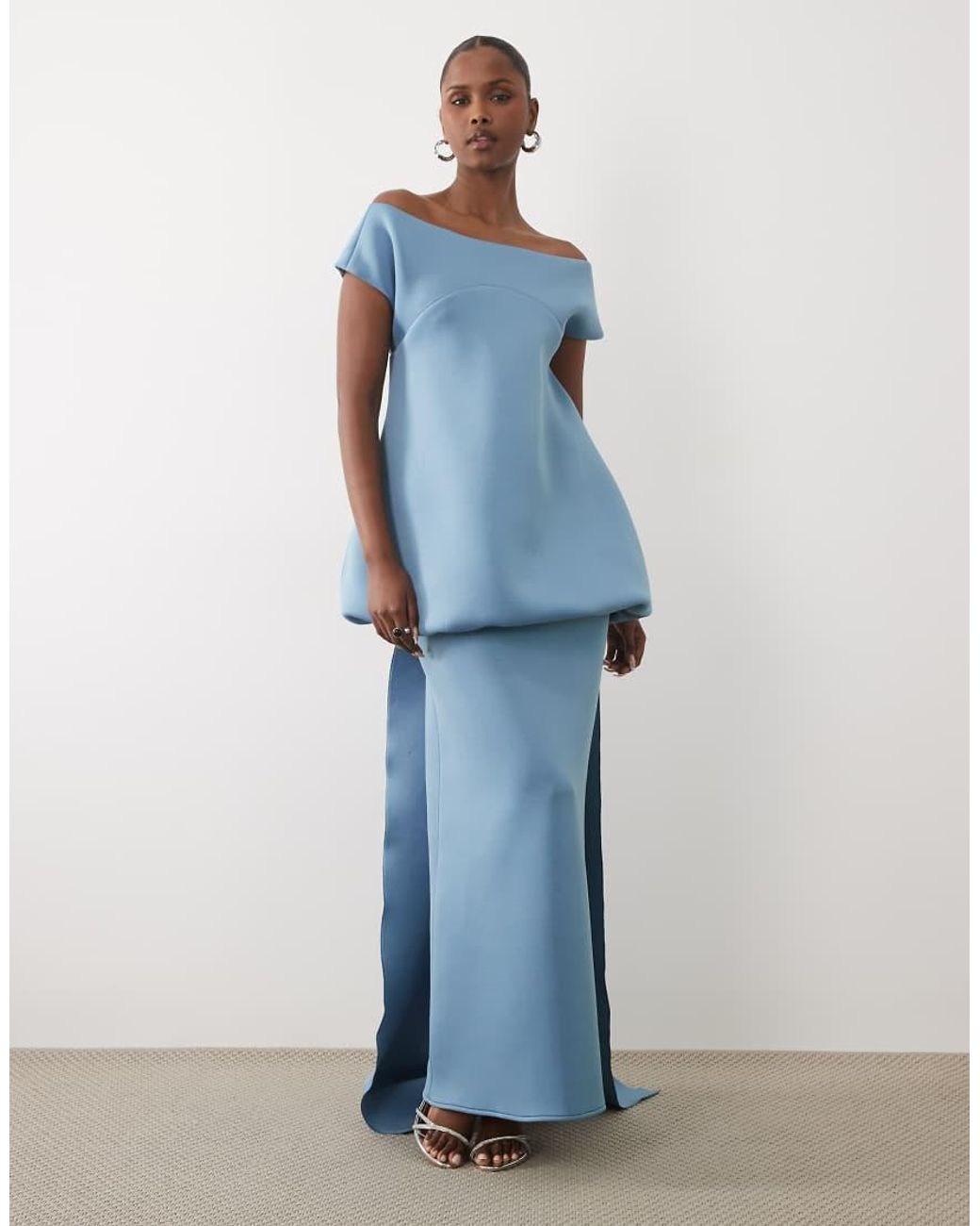 ASOS Blue Bardot Maxi Dress With Train & Bubble Bodice