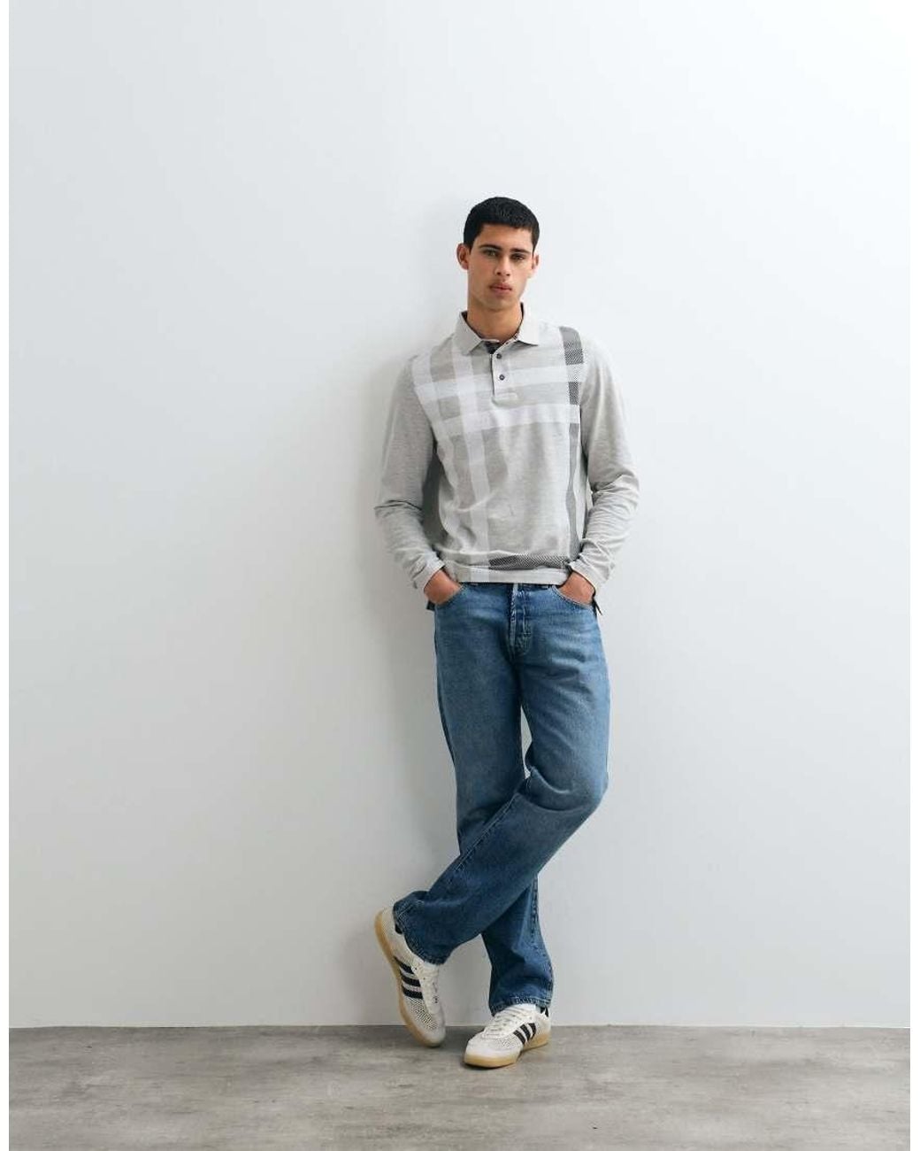 Barbour Gray Blaine Long Sleeve Tartan Check Tailored Polo Shirt for men