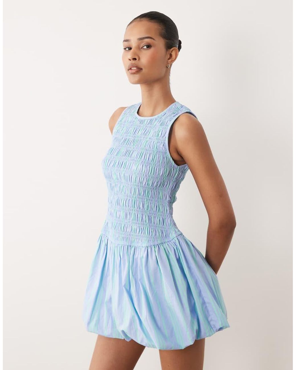 Wednesday's Girl Blue Shirred Puff Ball Mini Dress