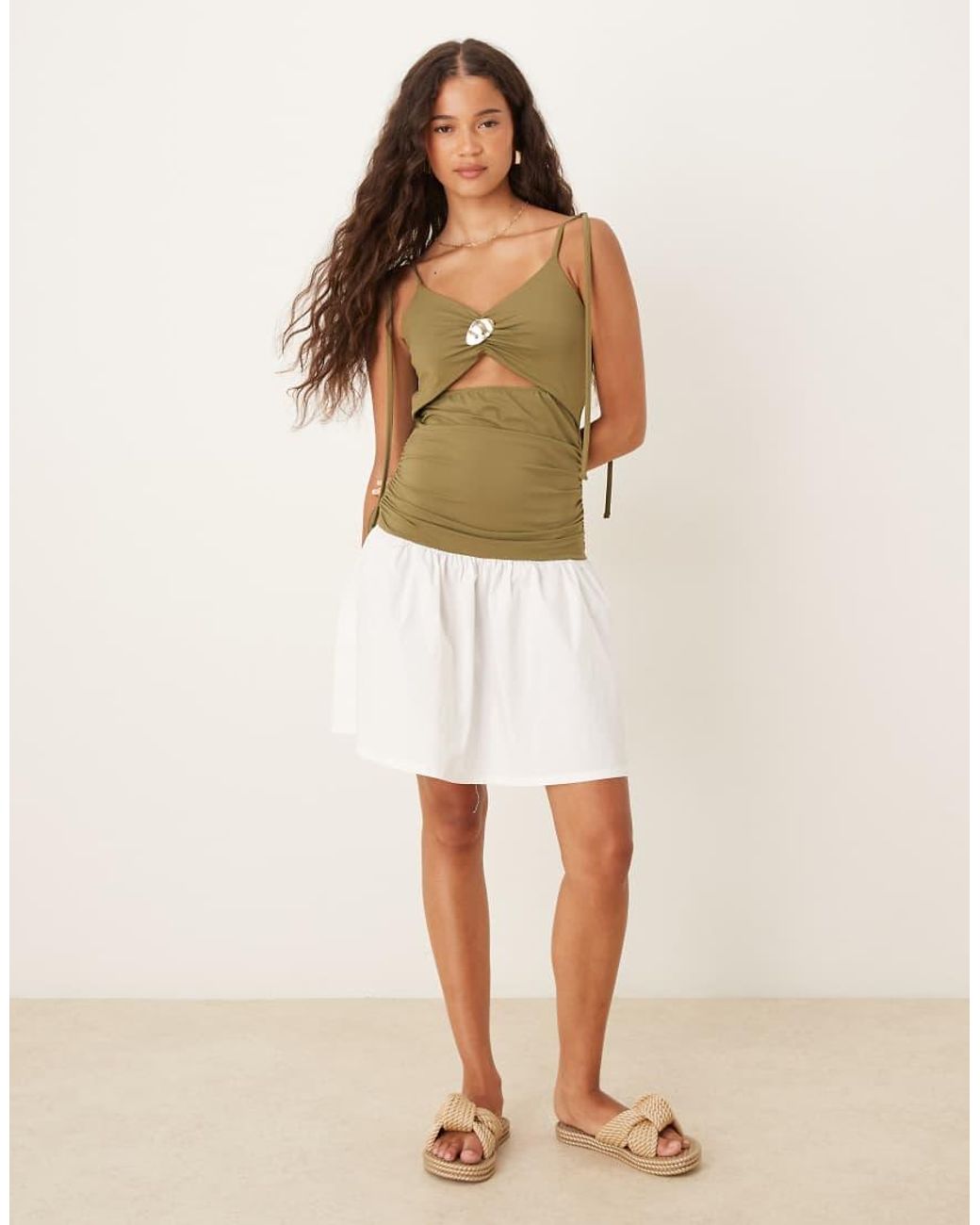 ASOS Green Tie Strap Cut Out Poplin Skirt Mini Dress With Hardware Detail