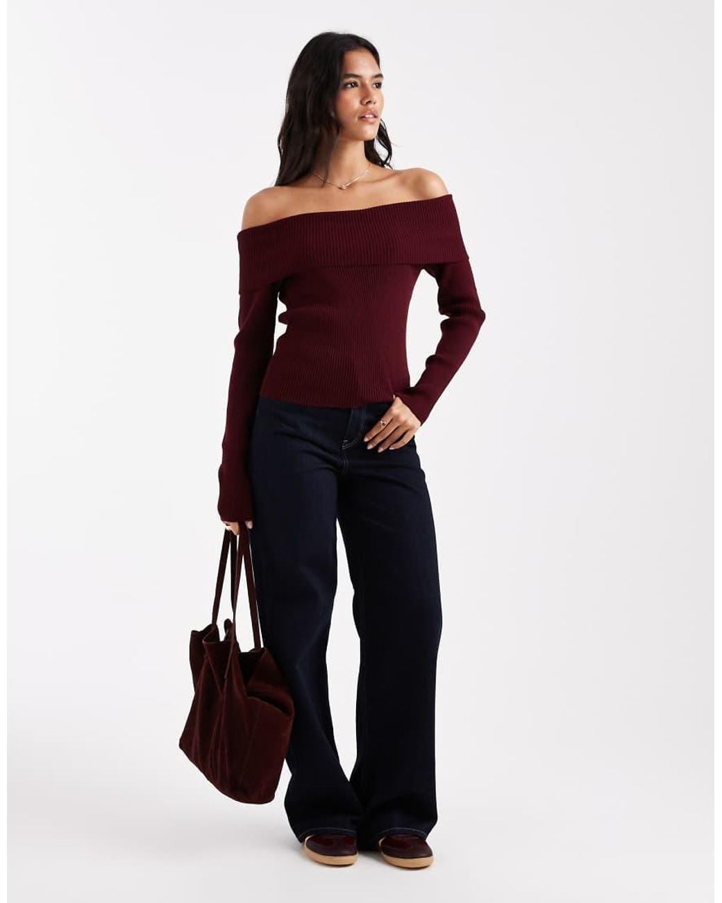Miss Selfridge Red Ribbed Bardot Long Sleeve Knitted Top