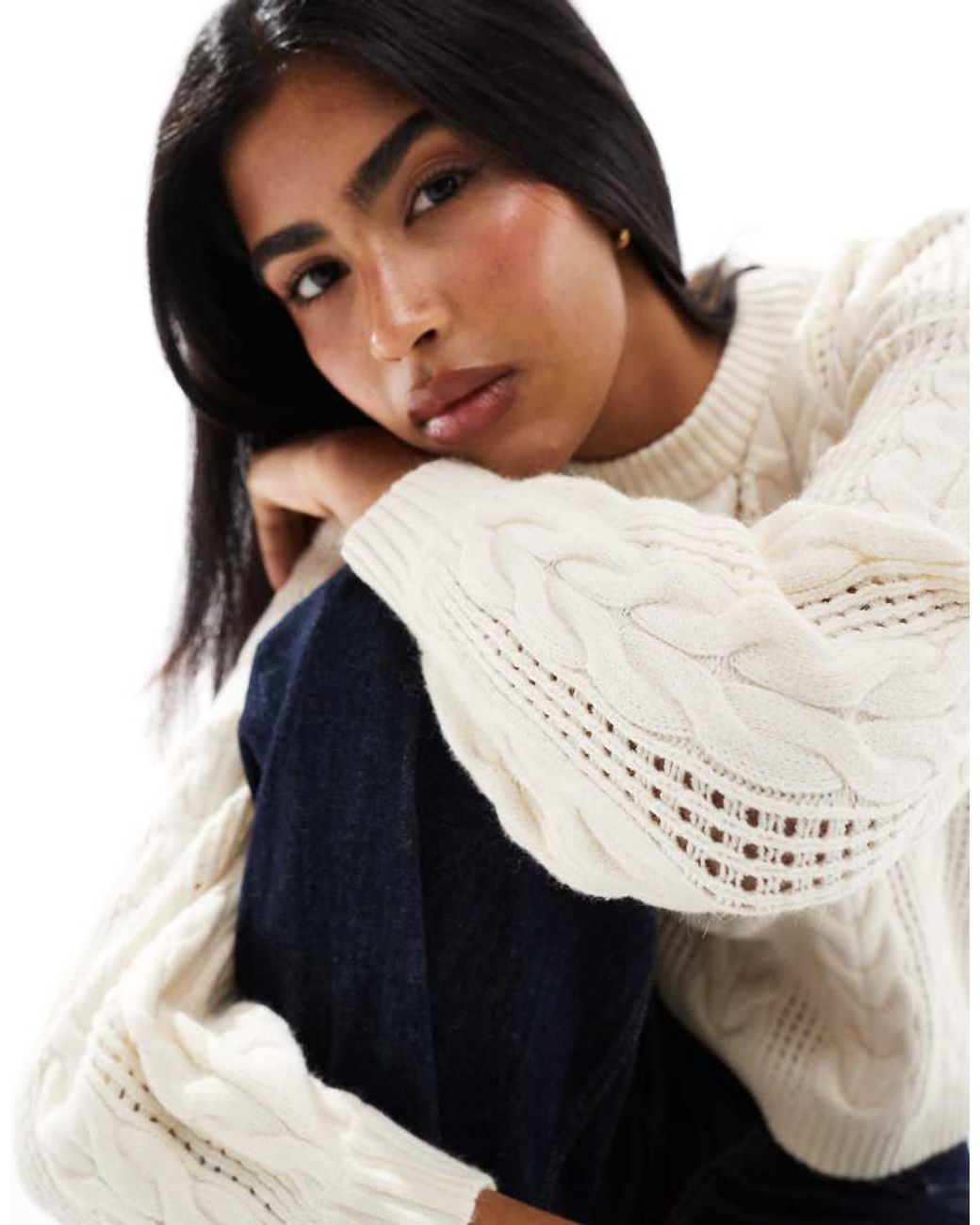 ONLY White Round Neck Cable Knit Jumper