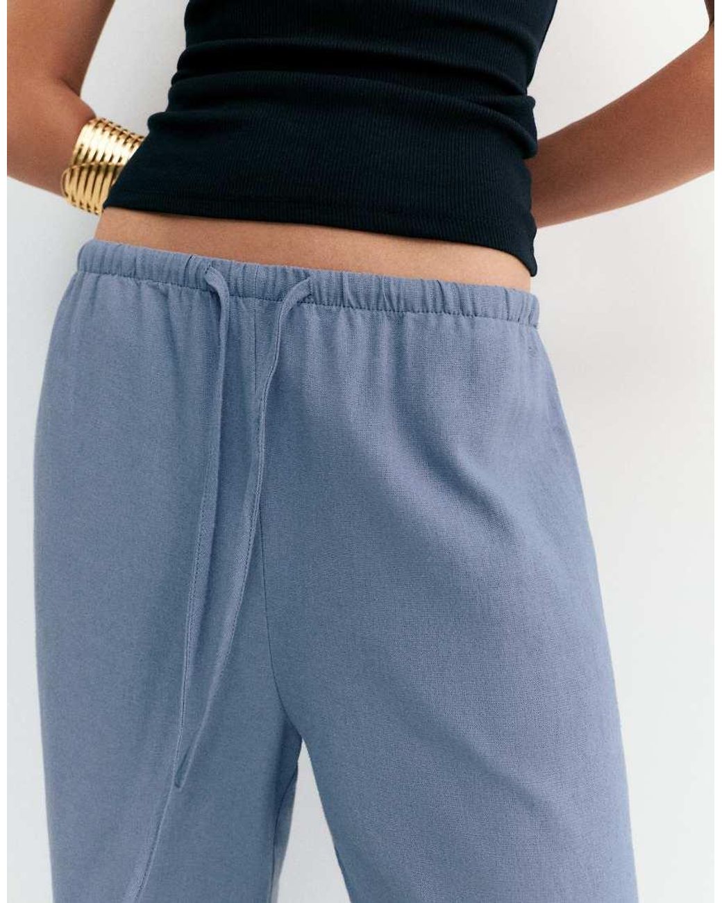 Pull&Bear Blue Flowing Viscose Linen Blend Trousers