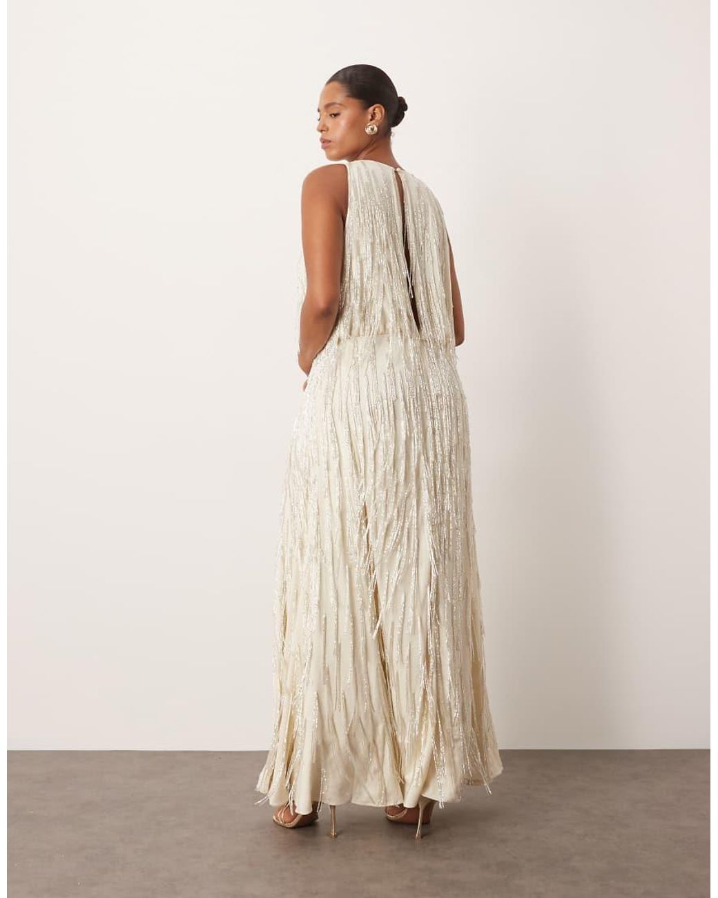 ARRANGE Natural Curve Beaded Fringe Maxi Dress With Splits