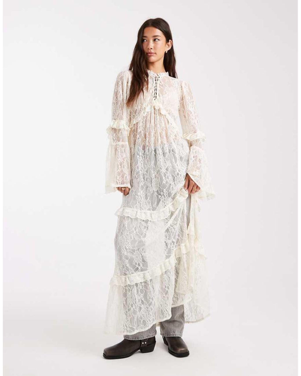 miss selfridge white lace dress Miss Selfridge Tiered Lace Maxi Dress in White