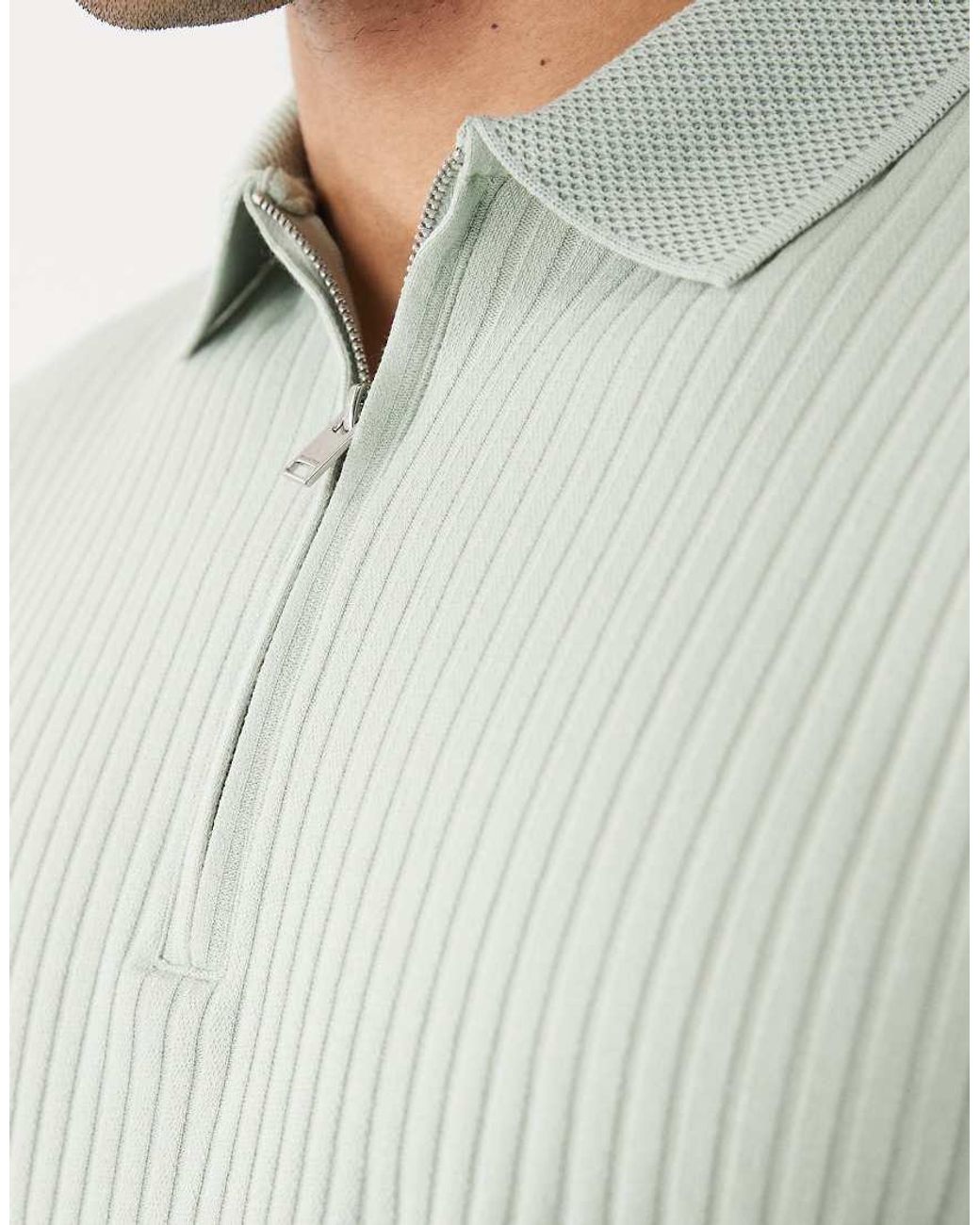 SELECTED Green Ribbed Half Zip Polo Shirt for men