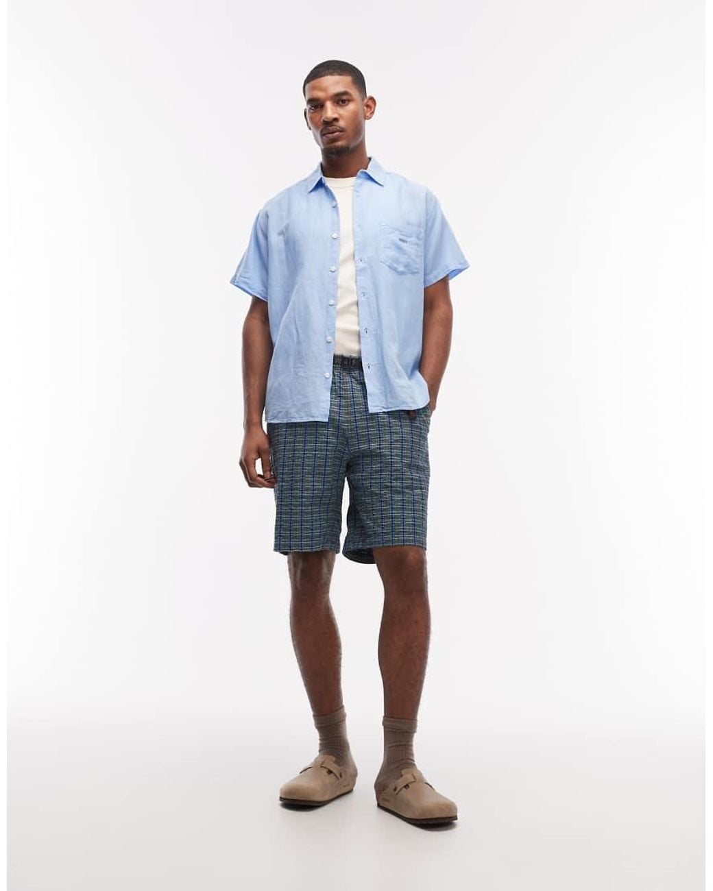 Obey Blue Barry Woven Linen Mix Short Sleeve Shirt for men