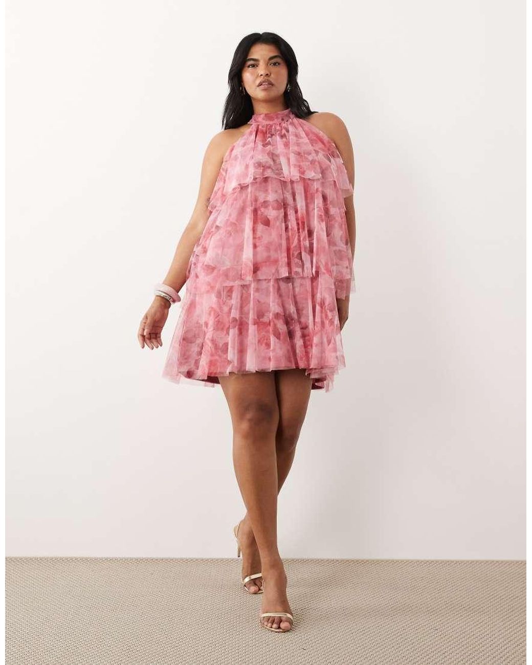 Lace & Beads Plus Pink Tulle High Neck Layered Mini Dress