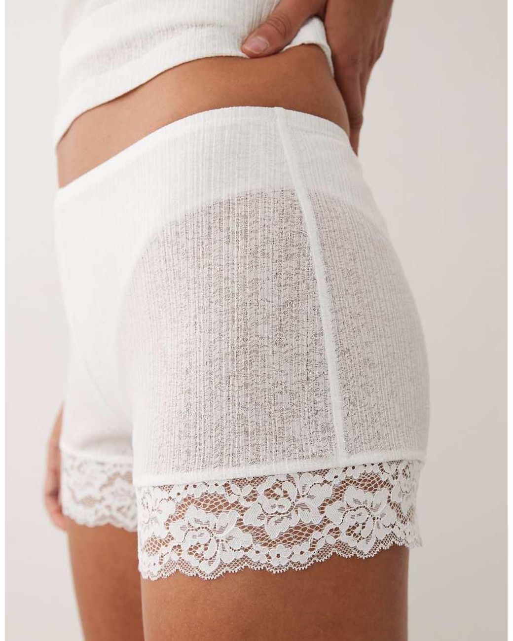 ASOS White Semi Sheer Ribbed Pyjama Shorts With Lace Trim