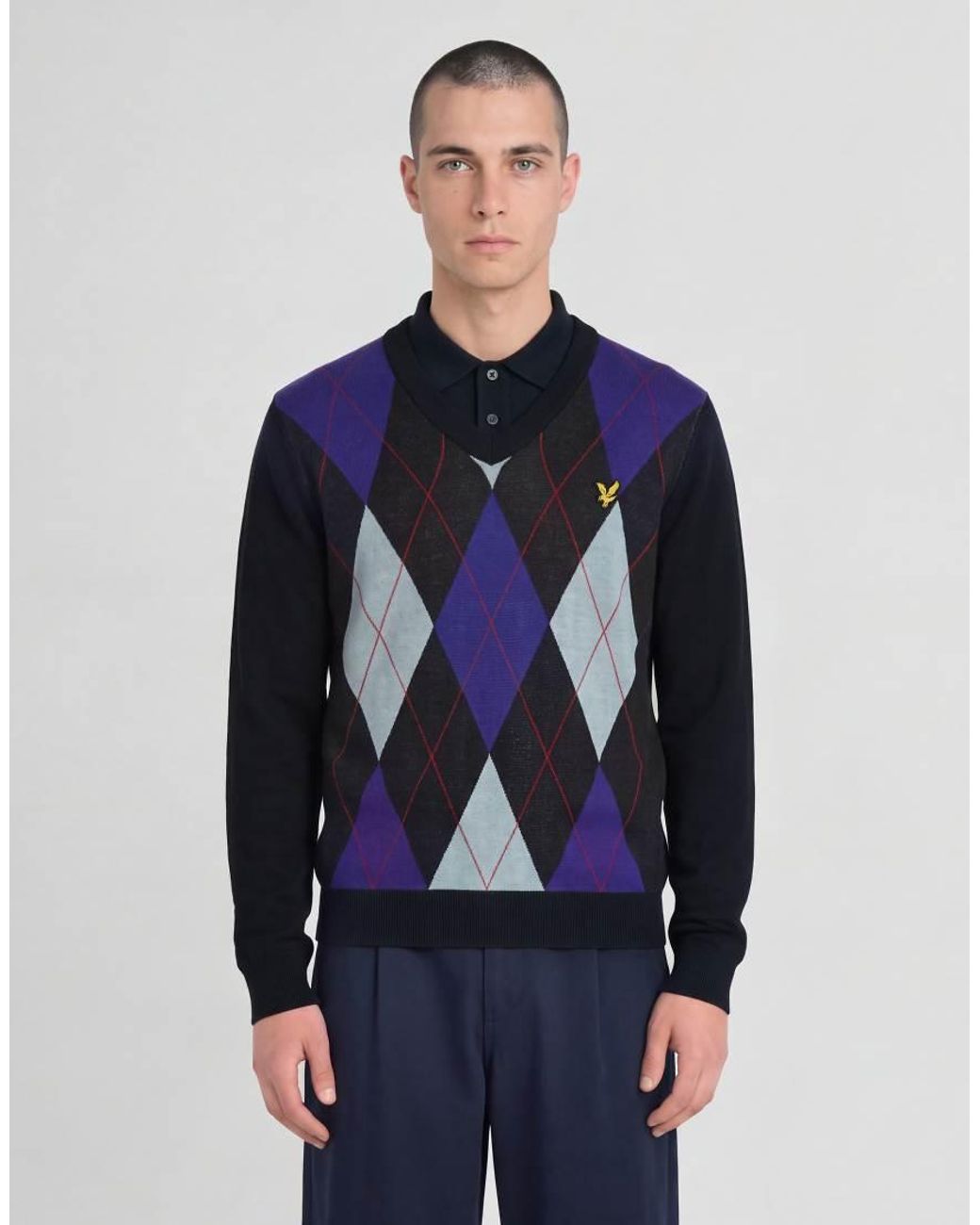 Lyle & Scott Blue Mid Knits Argyle Knitted V-Neck Jumper for men