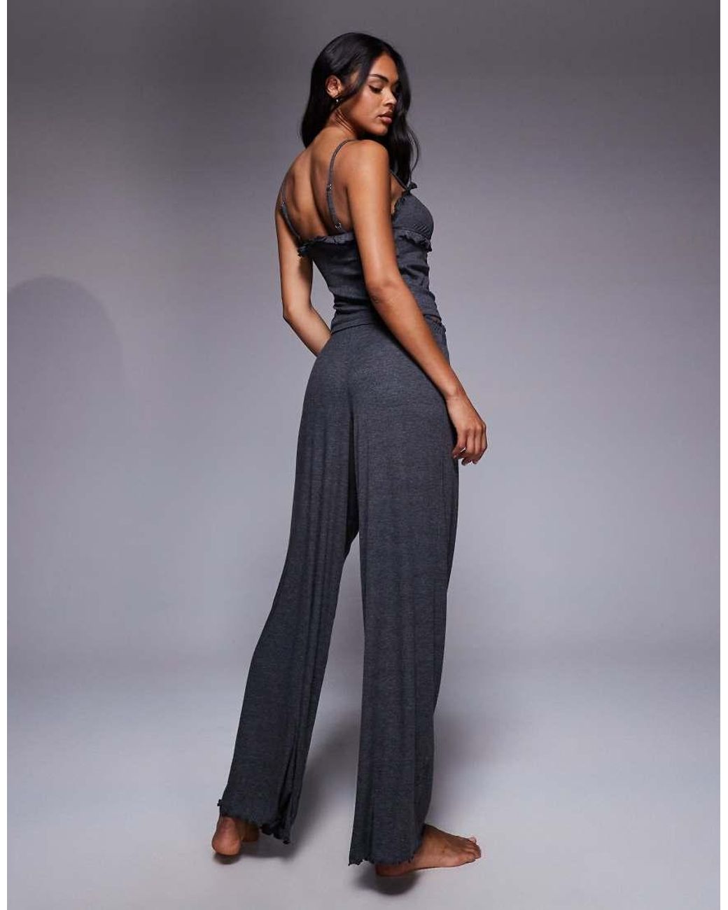 Boux Avenue Blue Frill Ribbed Cami Top And Trousers Pyjama Set