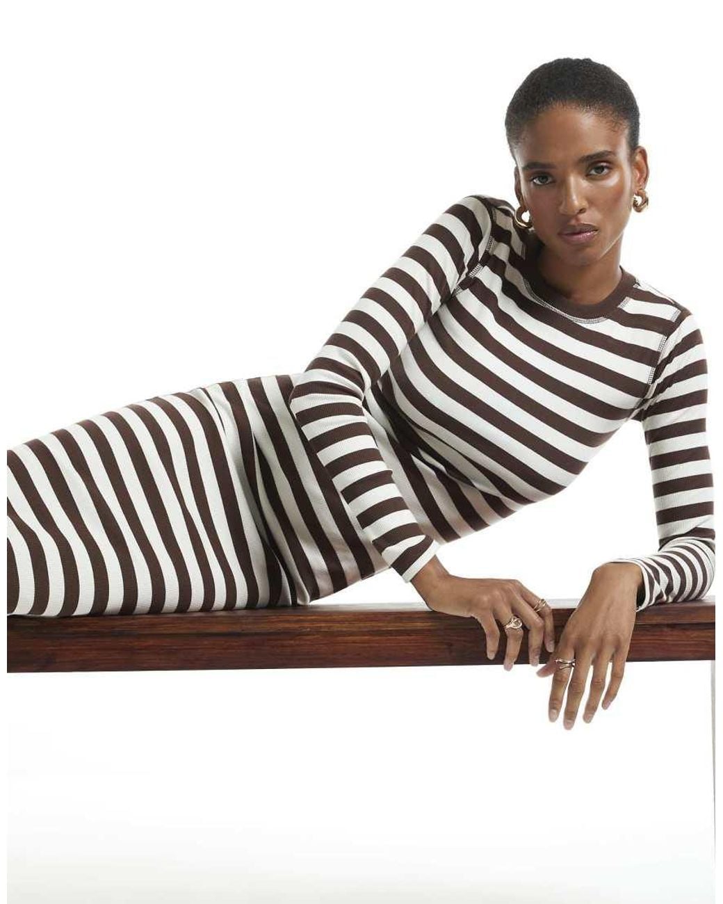 River Island White Long Sleeve Stripe Rib Midi Dress