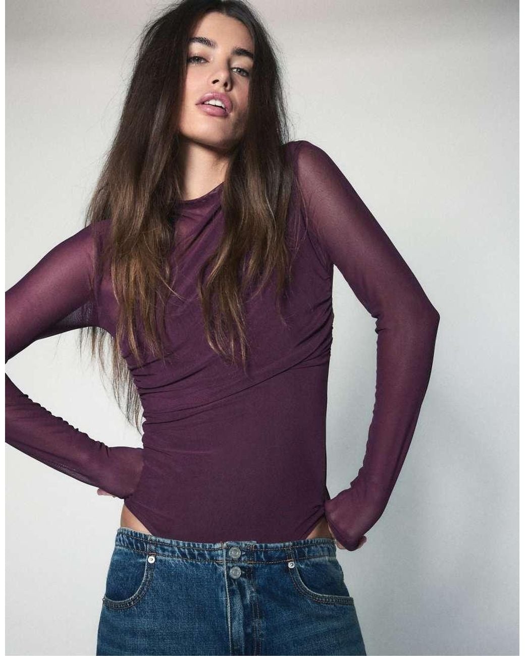 Stradivarius Blue Draped Mesh Long Sleeve Bodysuit