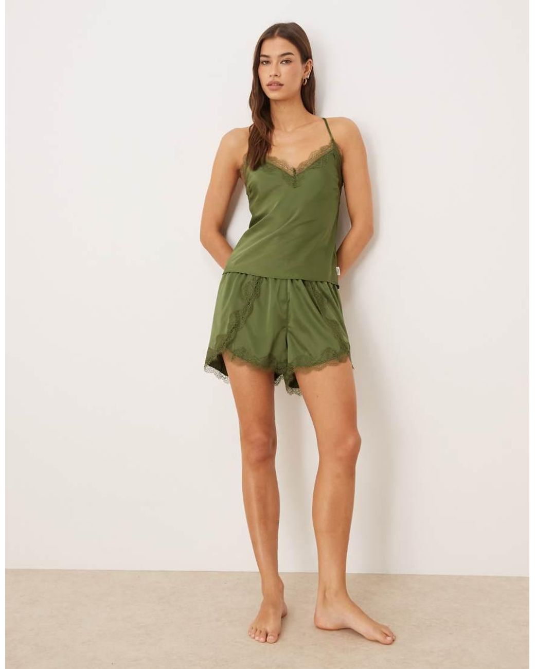 Chelsea Peers Green Bridesmaids Satin Cross Back Cami Top And Tulip Hem Shorts Sleepwear Set
