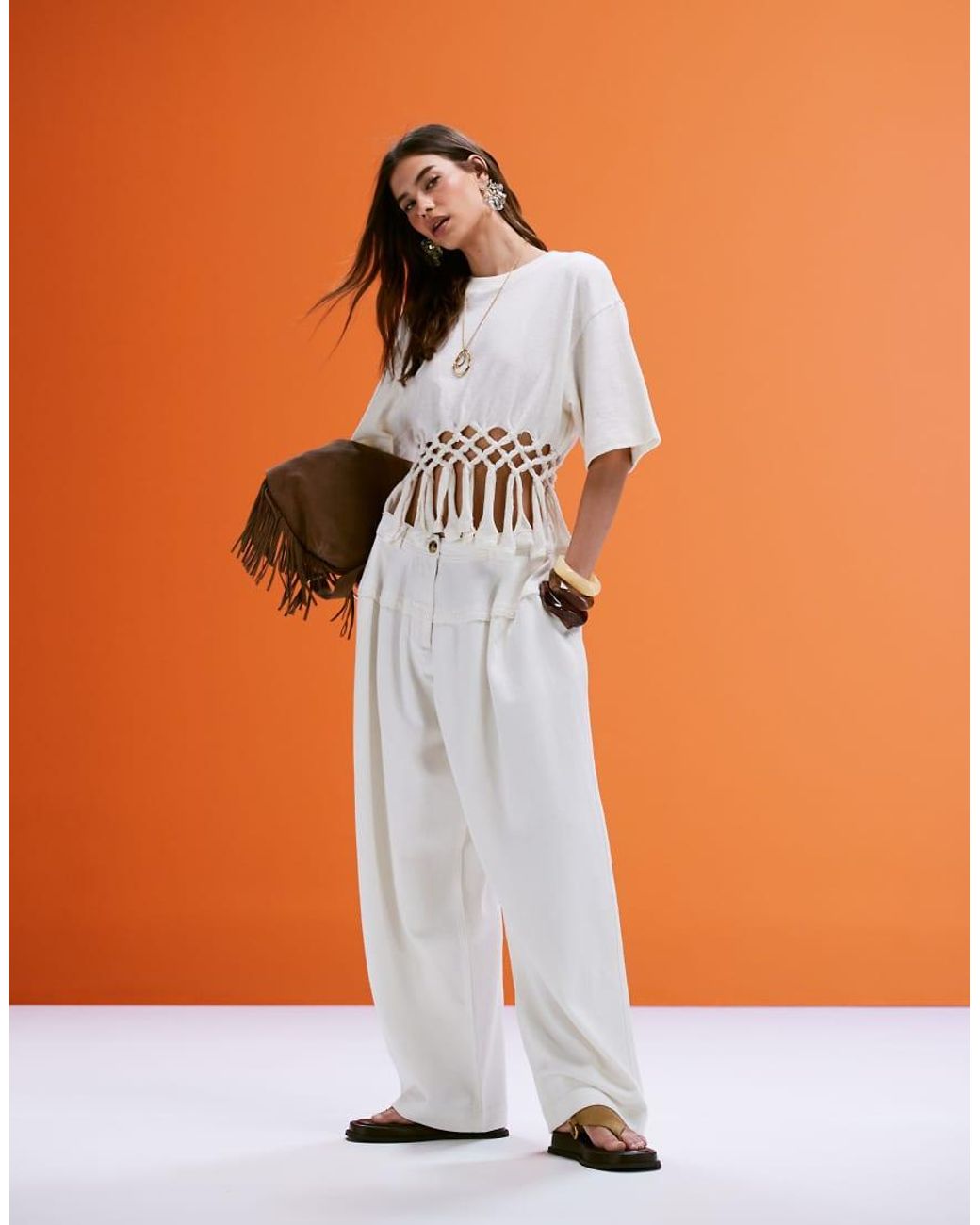 ASOS Blue Boxy T-shirt With Macrame Hem