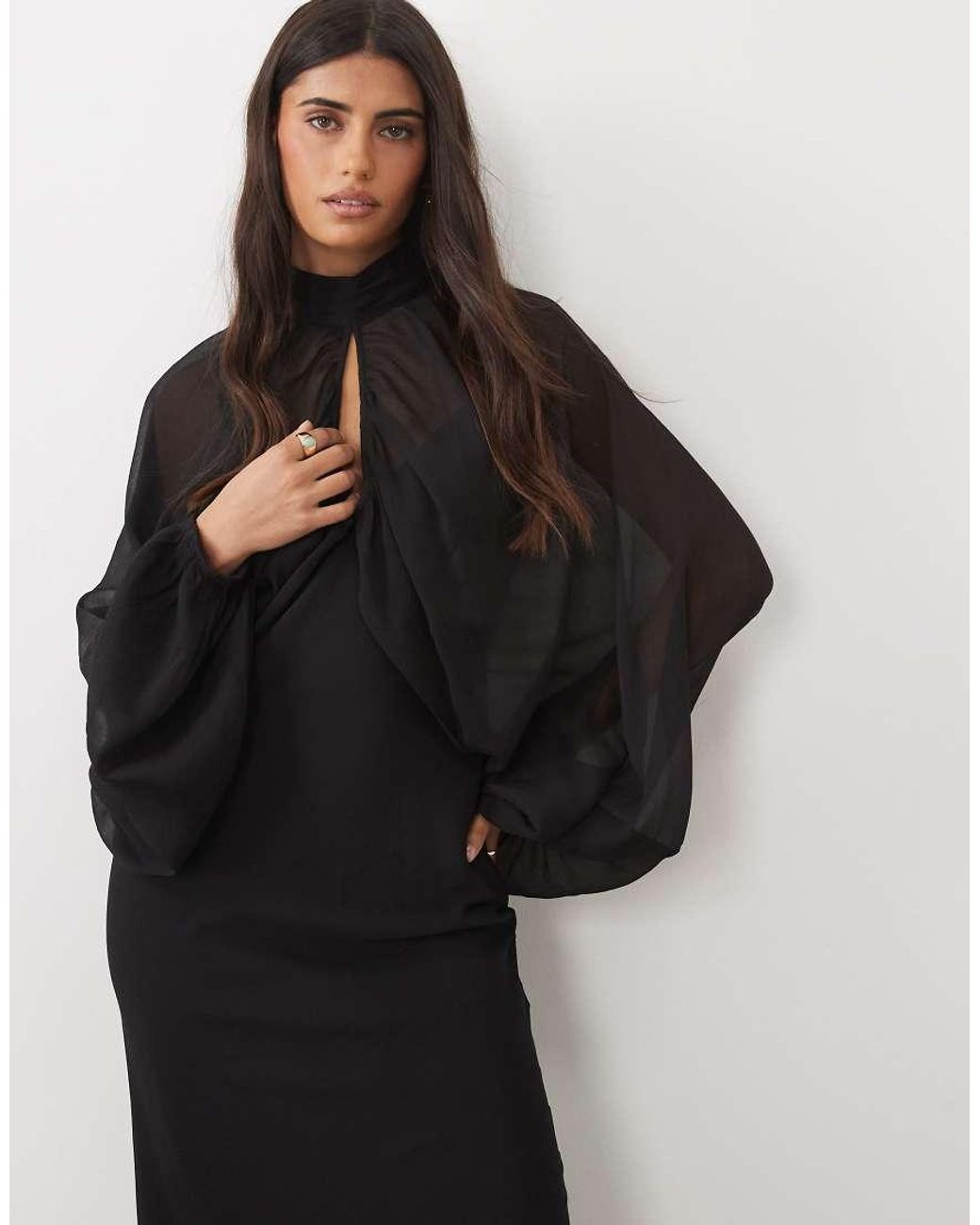 ASOS Black Keyhole Overlay Blouson Sleeve With Bias Cami Maxi Dress Underneath