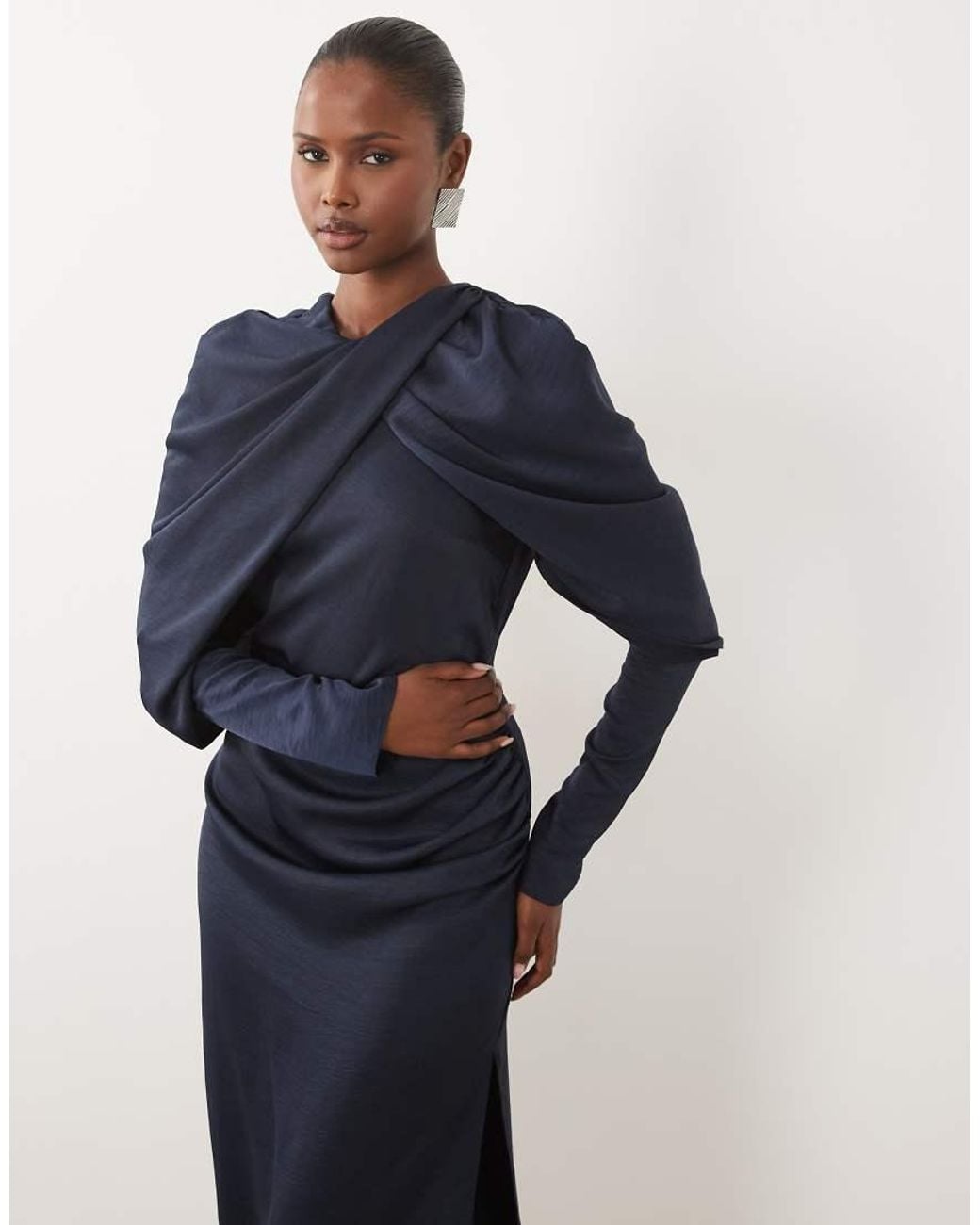 ASOS Blue Cross Neck Gathered Maxi Dress With Draped Sleeves