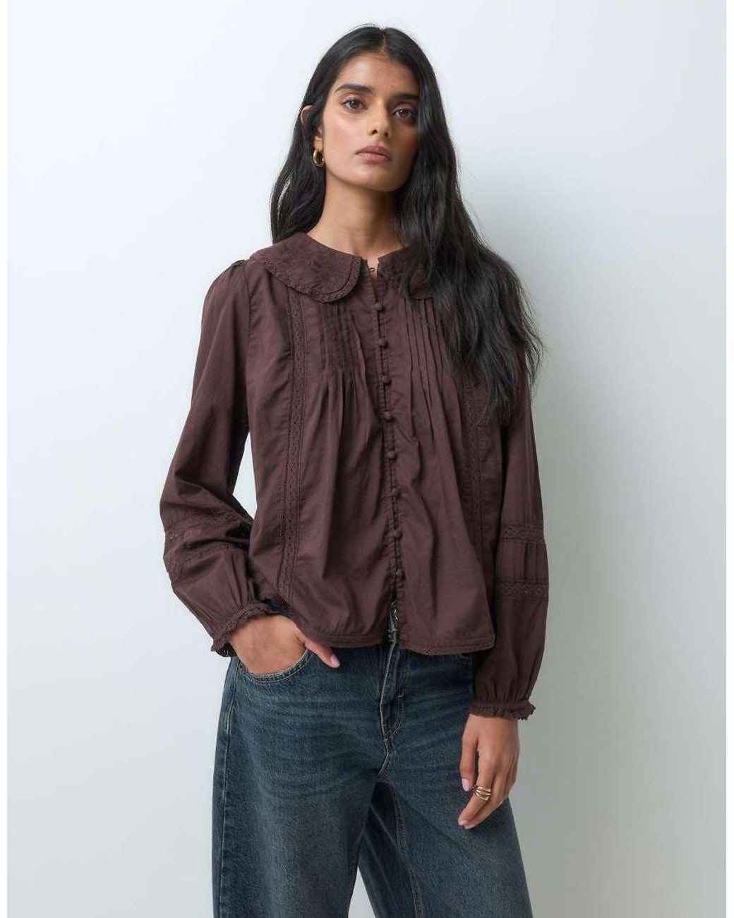Abercrombie & Fitch Brown Button Front Cinched Blouse With Peter Pan Collar Detail
