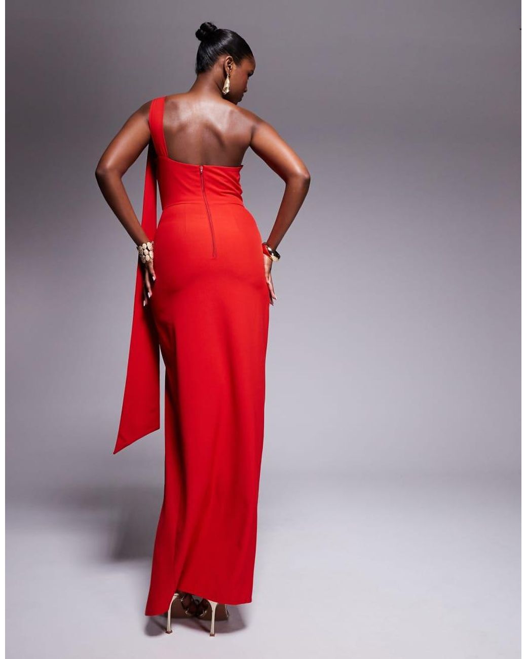 Vesper Red One Shoulder Collar Detail Maxi Dress