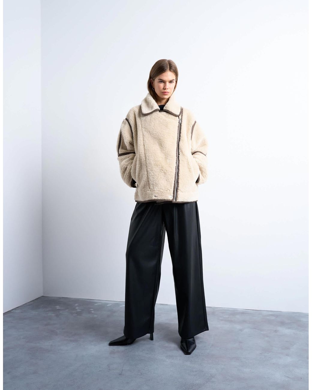 TOPSHOP White Borg Aviator Oversized Jacket