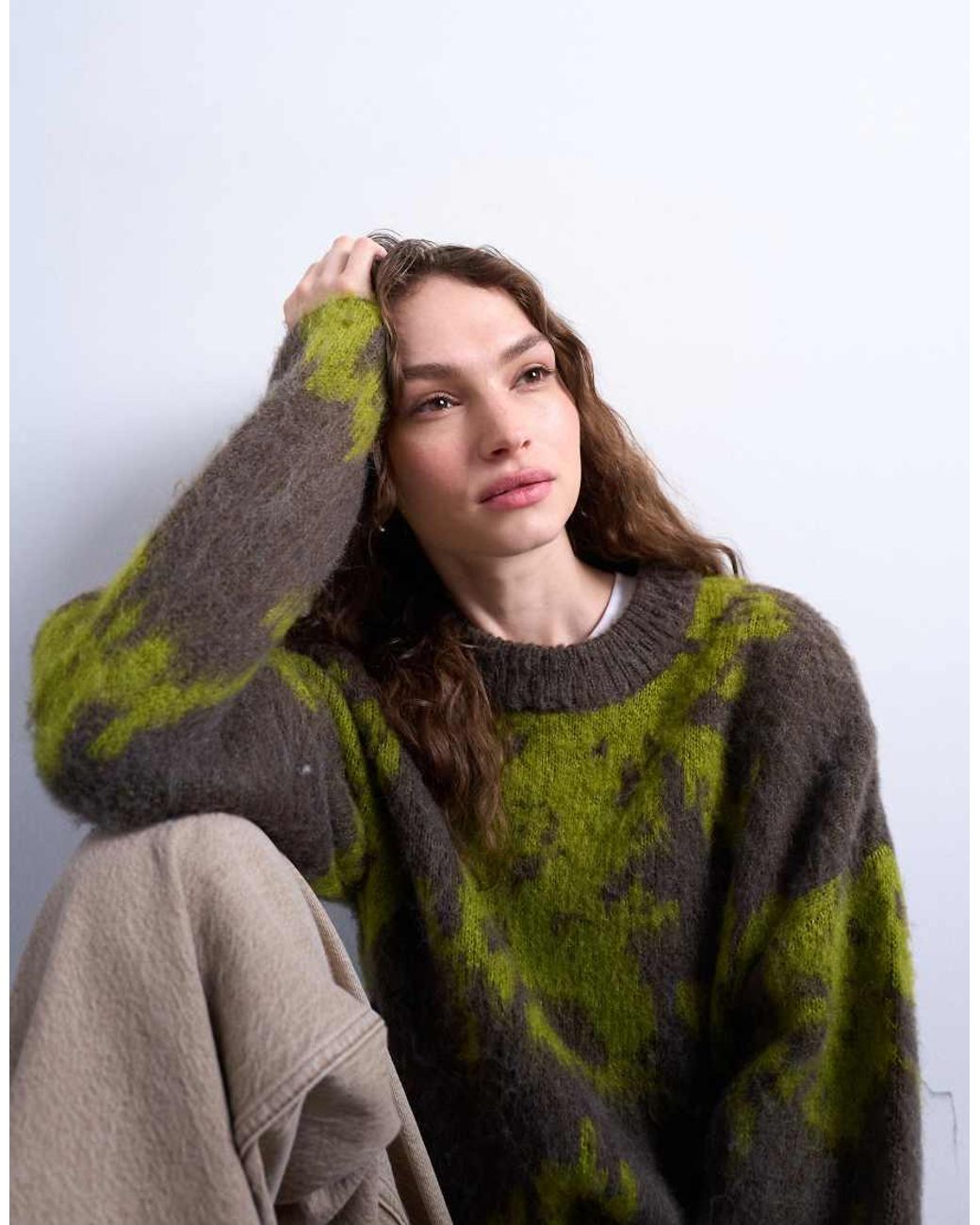 TOPSHOP Green Knit Blurred Floral Sweater