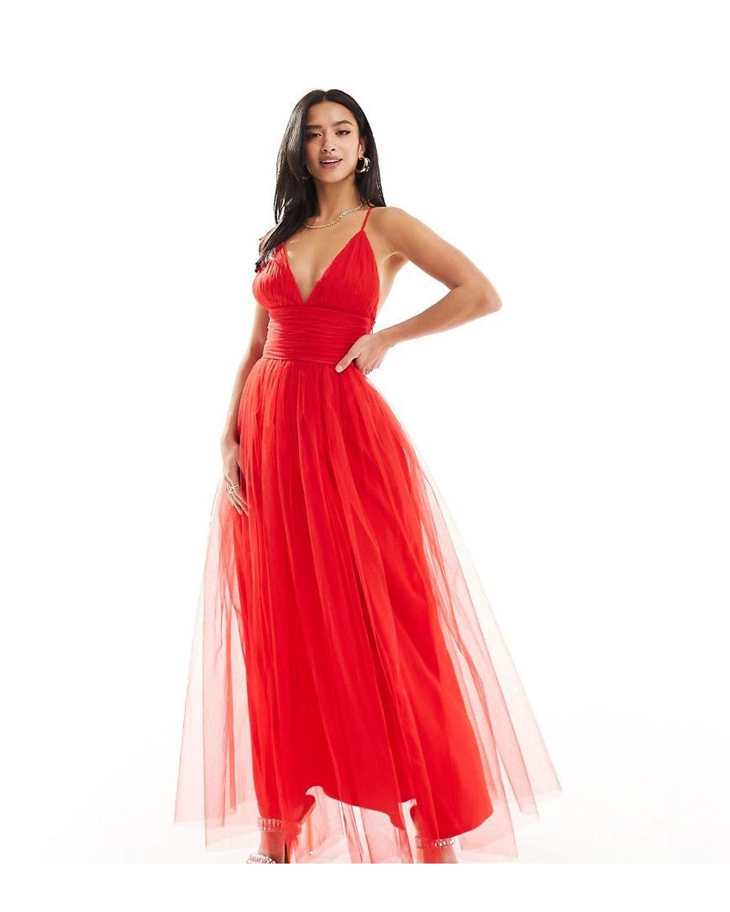 LACE & BEADS Red Cross Back Tulle Maxi Dress