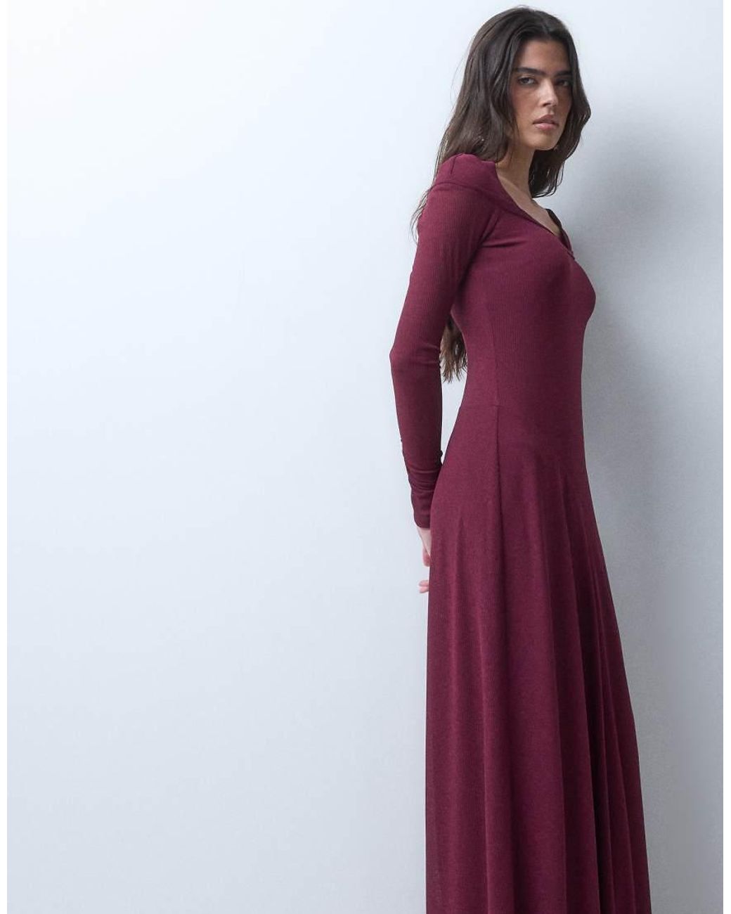 ASOS Purple Long Sleeve Scoop Bardot Maxi Dress With Drop Waist