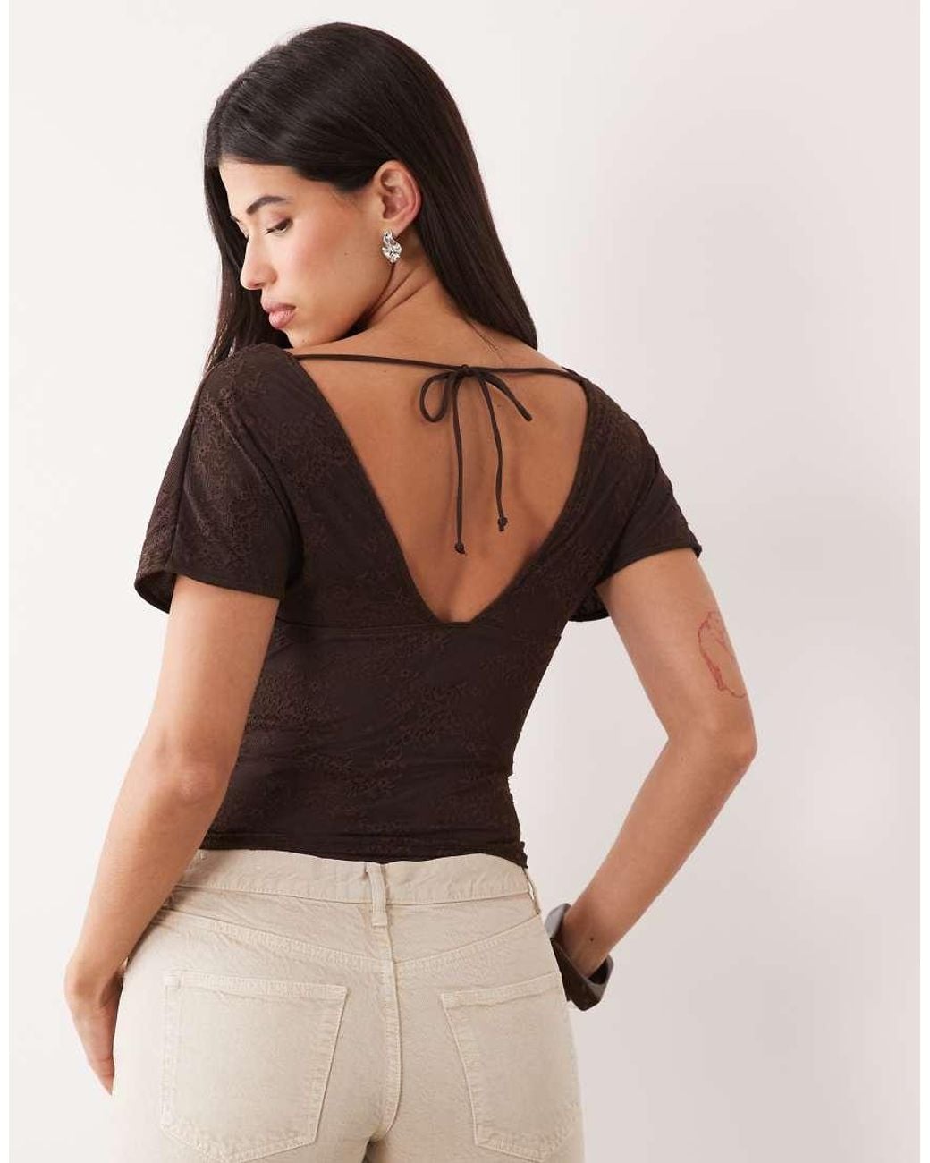 Motel Black Rovali Plunge Tie Back Lace Top