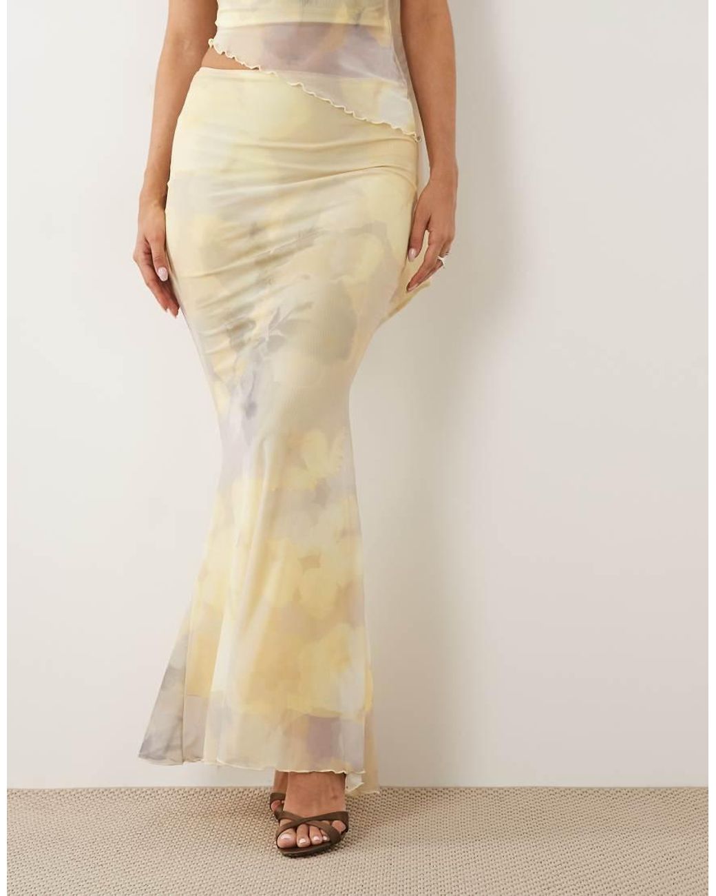 ASOS Natural Printed Mesh Draped Maxi Skirt