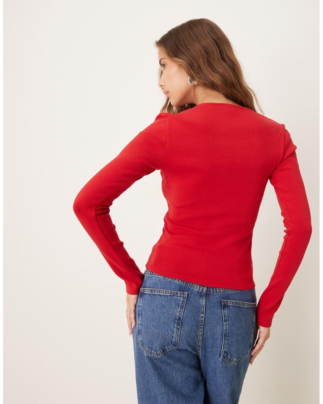 Gina Tricot Red Bow Tight Rib Long Sleeve Top