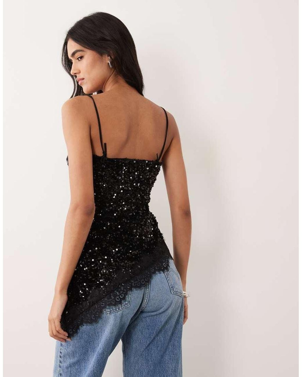 Pieces Black Asymmetric Lace Trim Sequin And Velvet Cami Top
