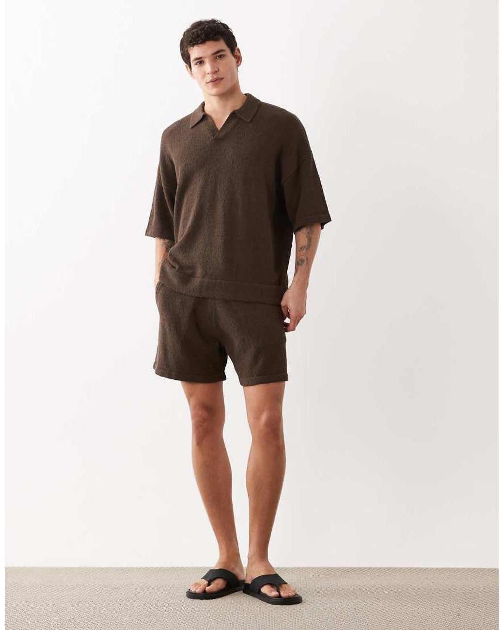 ASOS Brown Oversized Co-Ord Short Sleeve Knitted Boucle Notch Neck Polo for men