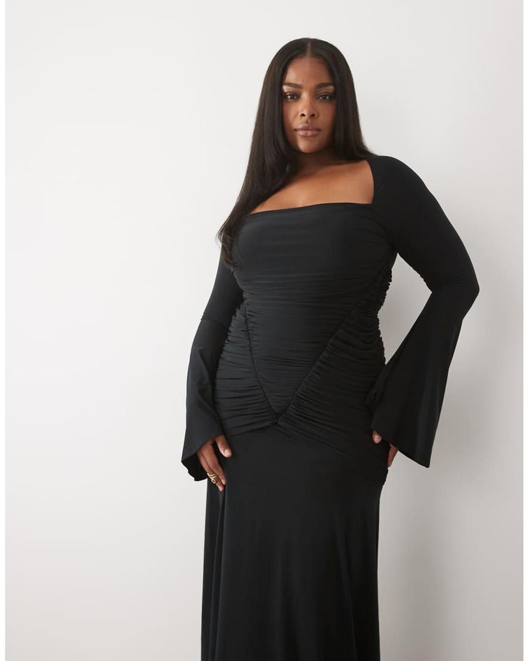 ASOS Black Asos Design Curve Slinky Square Neck Maxi Dress With Ruched Bodice
