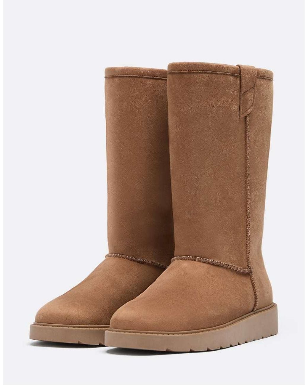 Stradivarius Brown Leather Effect Boots With Faux Fur Lining