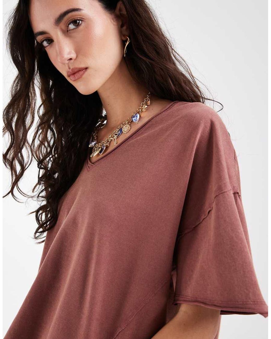 ASOS Red Slouchy V Neck T-Shirt Washed Rose