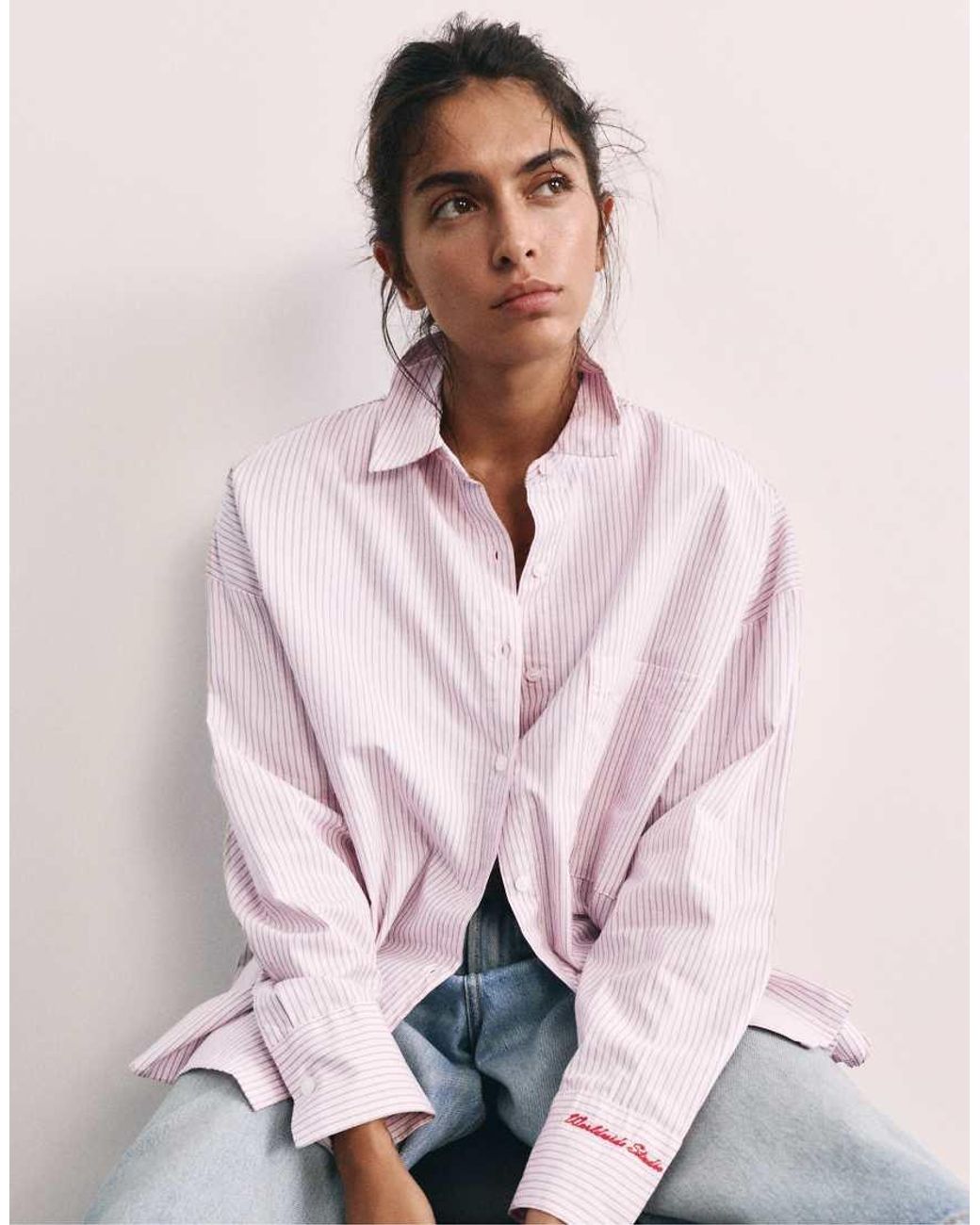 Pull&Bear Pink Embroidered Striped Shirt